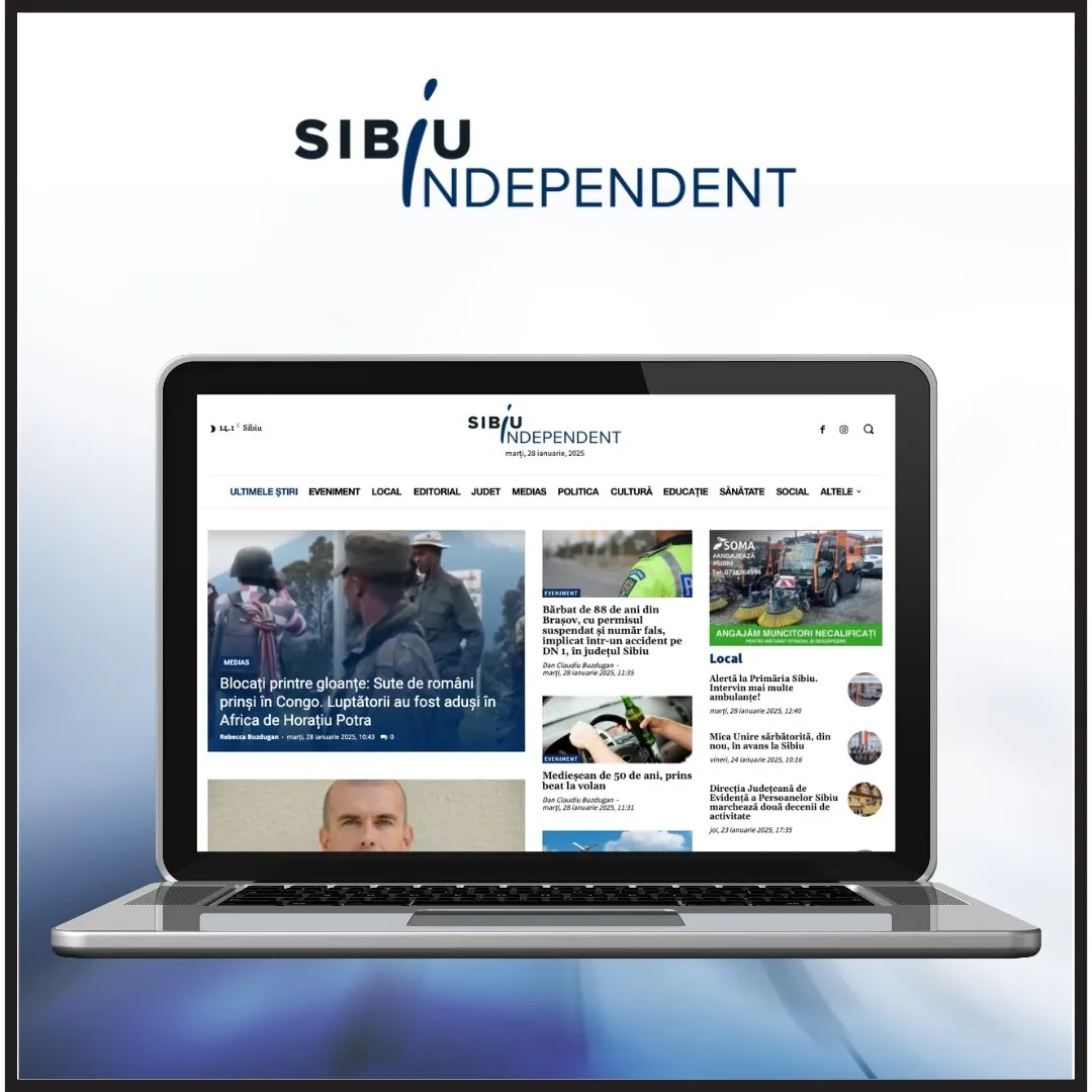 Portátil con la portada del periódico Sibiu Independent y su logotipo