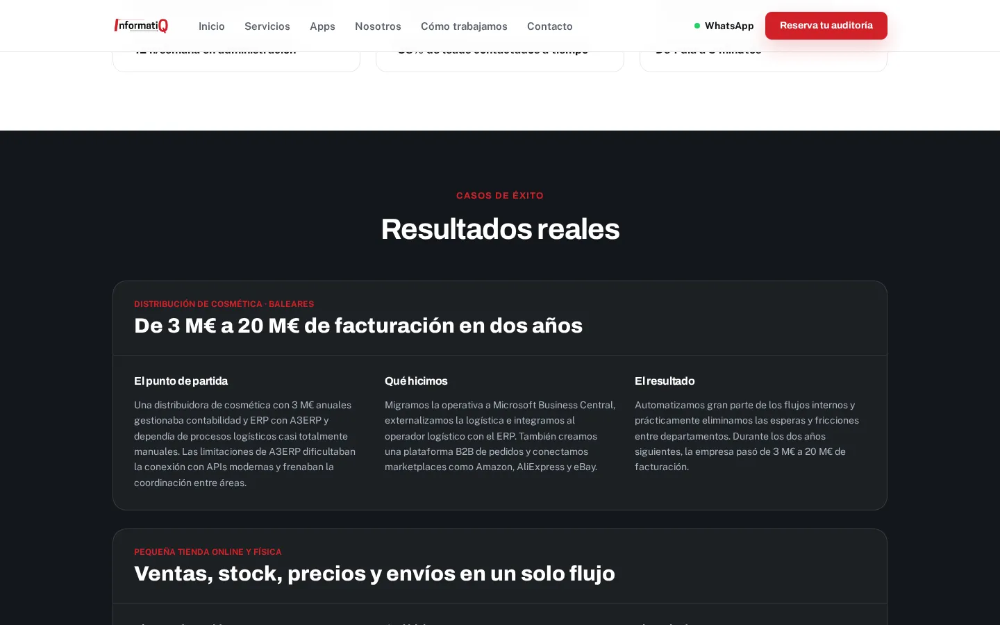 Casos de éxito en la sección «Resultados reales» de informatiq.es